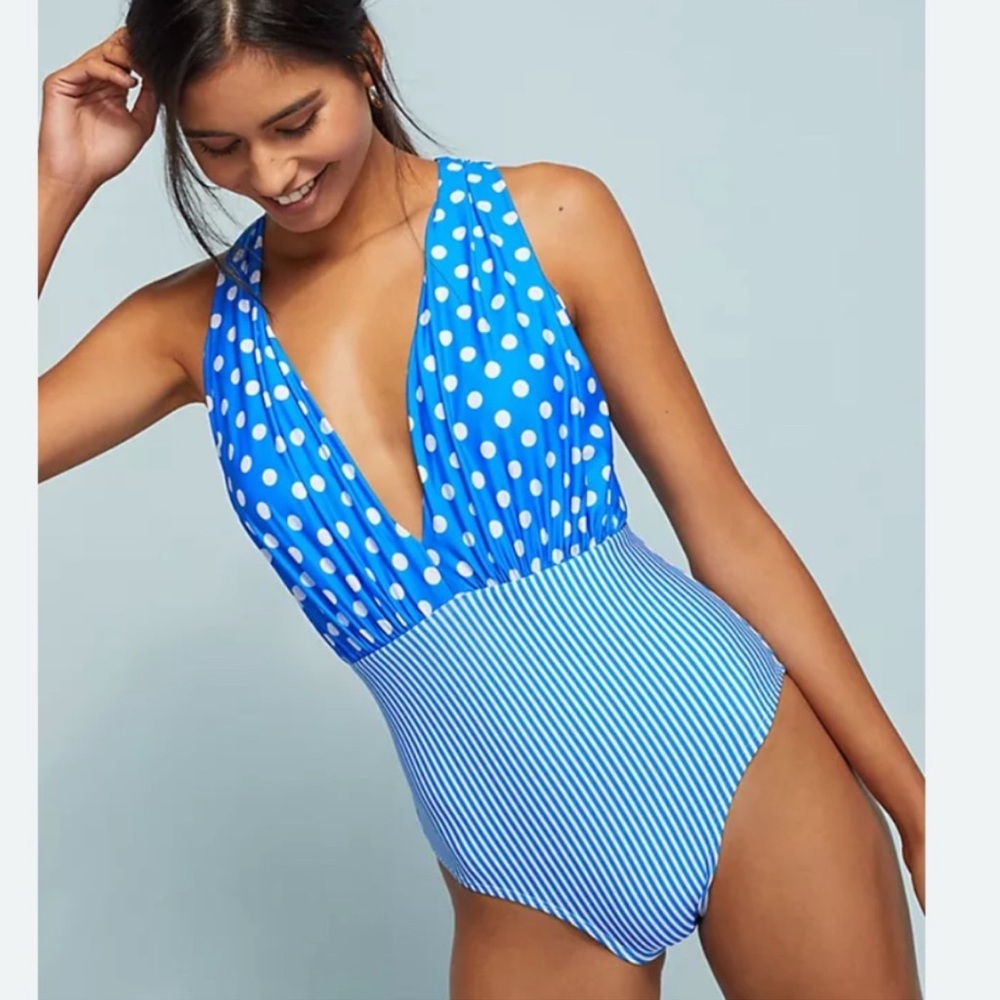 Anthropologie Allihop Plunge Polka Dot and Stripes One-Piece Swimsuit